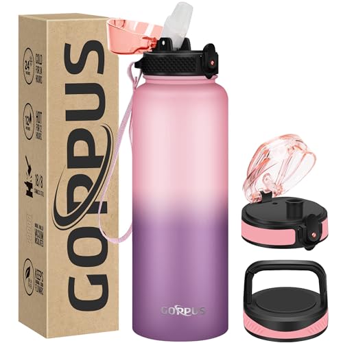 GOPPUS 1.2L/40oz Edelstahl Wasserflasche mit Strohhalm 1.2 Liter Heiße Thermosflasche Doppelwandige Stahl Wasserflaschen Isolierte Wasserflaschen Auslaufsichere Kalte Wasserflasche Erwachsene Flip Top von GOPPUS