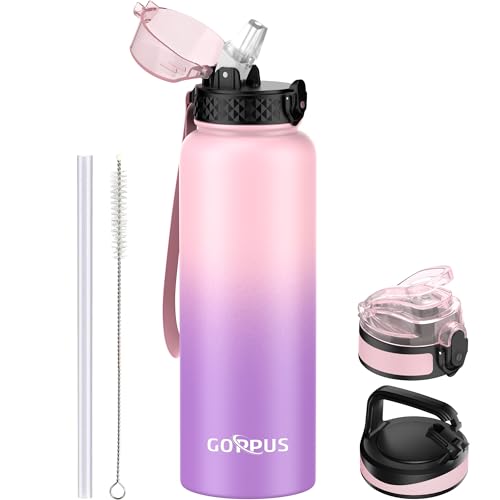 GOPPUS 1.2L/40oz Edelstahl Wasserflasche mit Strohhalm 1.2 Liter Heiße Thermosflasche Doppelwandige Stahl Wasserflaschen Isolierte Wasserflaschen Auslaufsichere Kalte Wasserflasche Erwachsene Flip Top von GOPPUS