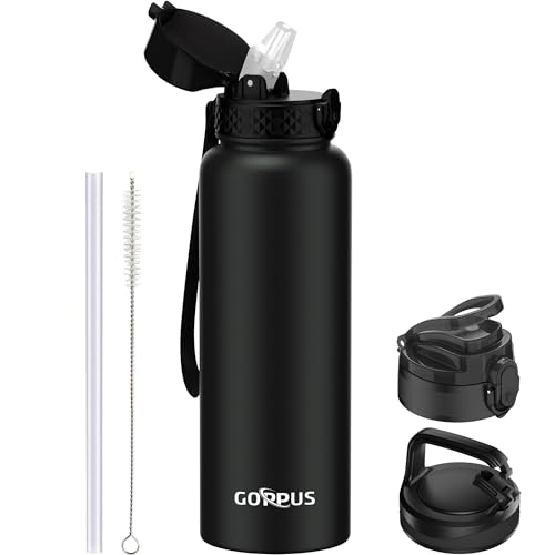 GOPPUS 1.2L/40oz Edelstahl Wasserflasche mit Strohhalm 1.2 Liter Heiße Thermosflasche Doppelwandige Stahl Wasserflaschen Isolierte Wasserflaschen Auslaufsichere Kalte Wasserflasche Erwachsene Flip Top von GOPPUS