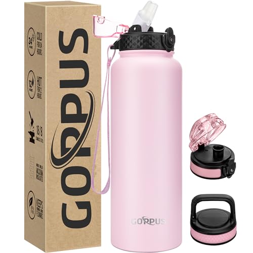 GOPPUS 1.2L/40oz Edelstahl Wasserflasche mit Strohhalm 1.2 Liter Heiße Thermosflasche Doppelwandige Stahl Wasserflaschen Isolierte Wasserflaschen Auslaufsichere Kalte Wasserflasche Erwachsene Flip Top von GOPPUS