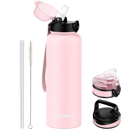 GOPPUS 1.2L/40oz Edelstahl Wasserflasche mit Strohhalm, Doppelwandig, Isoliert, Auslaufsicher, Flip Top, Thermosflasche, Erwachsene von GOPPUS