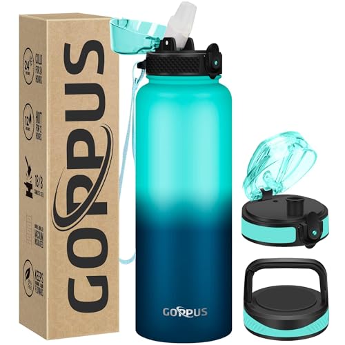 GOPPUS 1.2L/40oz Edelstahl Wasserflasche mit Strohhalm 1.2 Liter Heiße Thermosflasche Doppelwandige Stahl Wasserflaschen Isolierte Wasserflaschen Auslaufsichere Kalte Wasserflasche Erwachsene Flip Top von GOPPUS