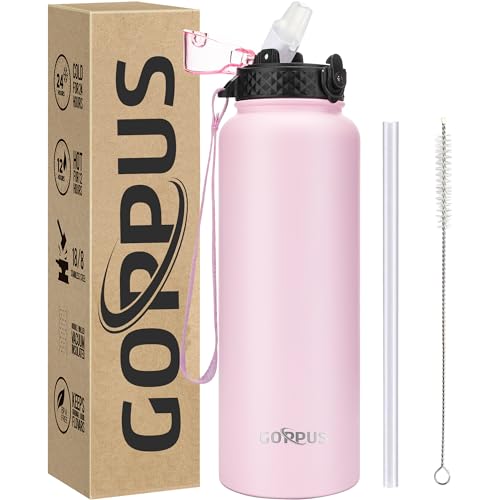 GOPPUS 1.2L/40oz Edelstahl Wasserflasche mit Strohhalm 1.2 Liter Heiße Thermosflasche Doppelwandige Stahl Wasserflaschen Isolierte Wasserflaschen Auslaufsichere Kalte Wasserflasche Erwachsene Flip Top von GOPPUS