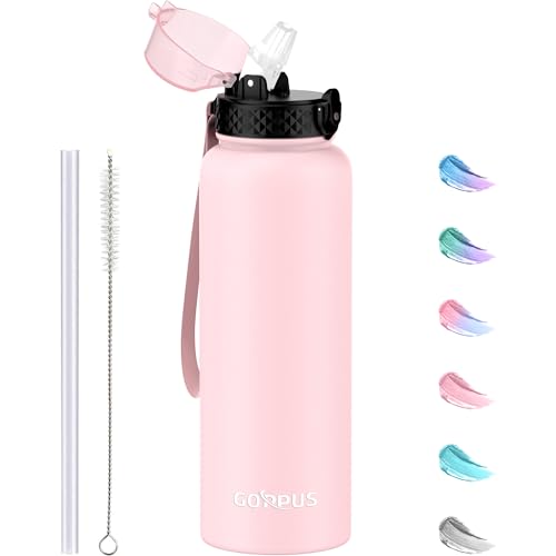 GOPPUS 1.2L/40oz Edelstahl Wasserflasche mit Strohhalm 1.2 Liter Heiße Thermosflasche Doppelwandige Stahl Wasserflaschen Isolierte Wasserflaschen Auslaufsichere Kalte Wasserflasche Erwachsene Flip Top von GOPPUS