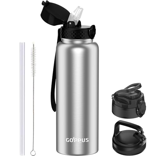 GOPPUS 1.2L/40oz Edelstahl Wasserflasche mit Strohhalm 1.2 Liter Heiße Thermosflasche Doppelwandige Stahl Wasserflaschen Isolierte Wasserflaschen Auslaufsichere Kalte Wasserflasche Erwachsene Flip Top von GOPPUS