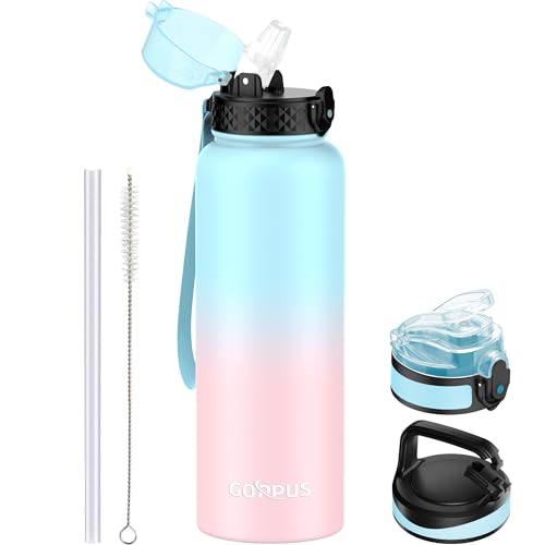 GOPPUS 1.2L/40oz Edelstahl Wasserflasche mit Strohhalm 1.2 Liter Heiße Thermosflasche Doppelwandige Stahl Wasserflaschen Isolierte Wasserflaschen Auslaufsichere Kalte Wasserflasche Erwachsene Flip Top von GOPPUS