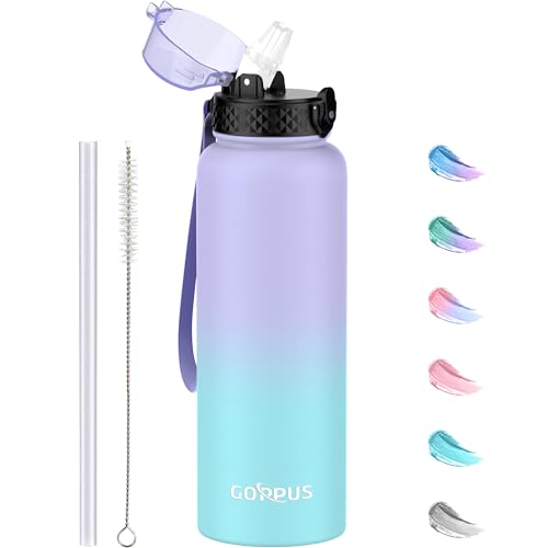 GOPPUS 1.2L/40oz Edelstahl Wasserflasche mit Strohhalm 1.2 Liter Heiße Thermosflasche Doppelwandige Stahl Wasserflaschen Isolierte Wasserflaschen Auslaufsichere Kalte Wasserflasche Erwachsene Flip Top von GOPPUS