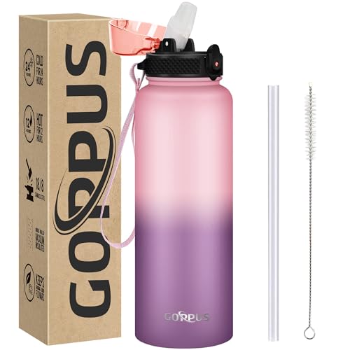 GOPPUS 1.2L/40oz Edelstahl Wasserflasche mit Strohhalm 1.2 Liter Heiße Thermosflasche Doppelwandige Stahl Wasserflaschen Isolierte Wasserflaschen Auslaufsichere Kalte Wasserflasche Erwachsene Flip Top von GOPPUS