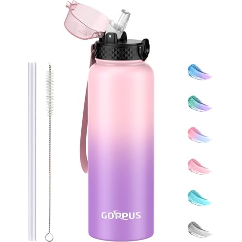 GOPPUS 1.2L/40oz Edelstahl Wasserflasche mit Strohhalm 1.2 Liter Heiße Thermosflasche Doppelwandige Stahl Wasserflaschen Isolierte Wasserflaschen Auslaufsichere Kalte Wasserflasche Erwachsene Flip Top von GOPPUS