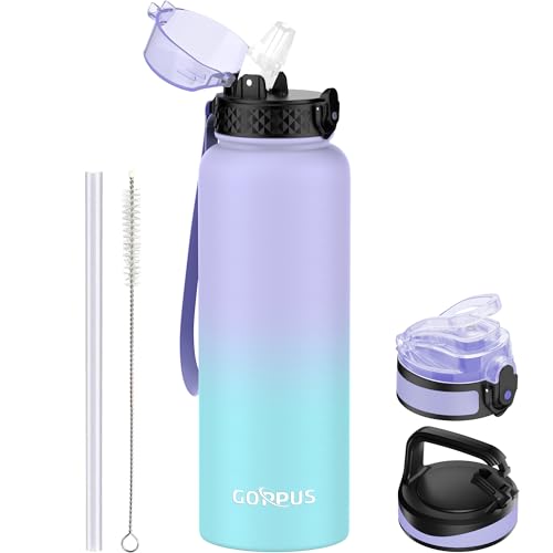 GOPPUS 1.2L/40oz Edelstahl Wasserflasche mit Strohhalm 1.2 Liter Heiße Thermosflasche Doppelwandige Stahl Wasserflaschen Isolierte Wasserflaschen Auslaufsichere Kalte Wasserflasche Erwachsene Flip Top von GOPPUS