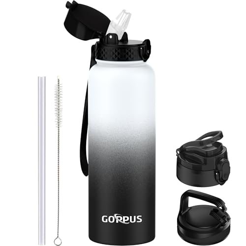 GOPPUS 1.2L/40oz Edelstahl Wasserflasche mit Strohhalm 1.2 Liter Heiße Thermosflasche Doppelwandige Stahl Wasserflaschen Isolierte Wasserflaschen Auslaufsichere Kalte Wasserflasche Erwachsene Flip Top von GOPPUS