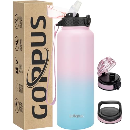 GOPPUS 1.2L/40oz Edelstahl Wasserflasche mit Strohhalm 1.2 Liter Heiße Thermosflasche Doppelwandige Stahl Wasserflaschen Isolierte Wasserflaschen Auslaufsichere Kalte Wasserflasche Erwachsene Flip Top von GOPPUS