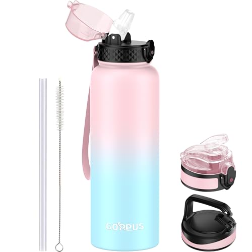 GOPPUS 1.2L/40oz Edelstahl Wasserflasche mit Strohhalm 1.2 Liter Heiße Thermosflasche Doppelwandige Stahl Wasserflaschen Isolierte Wasserflaschen Auslaufsichere Kalte Wasserflasche Erwachsene Flip Top von GOPPUS