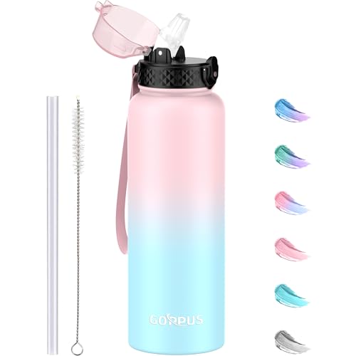 GOPPUS 1.2L/40oz Edelstahl Wasserflasche mit Strohhalm 1.2 Liter Heiße Thermosflasche Doppelwandige Stahl Wasserflaschen Isolierte Wasserflaschen Auslaufsichere Kalte Wasserflasche Erwachsene Flip Top von GOPPUS