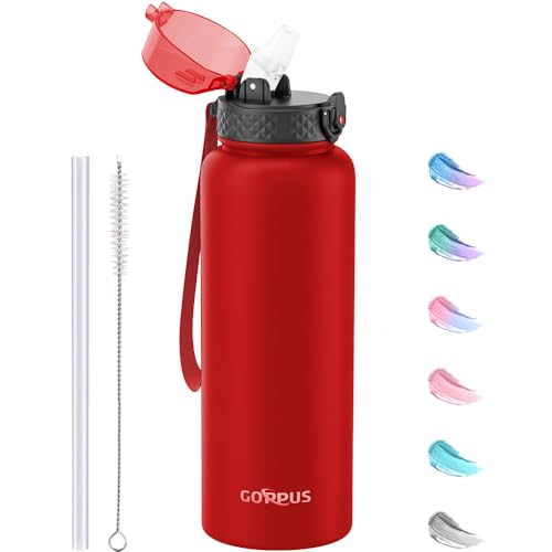 GOPPUS 1.2L/40oz Edelstahl Wasserflasche mit Strohhalm 1.2 Liter Heiße Thermosflasche Doppelwandige Stahl Wasserflaschen Isolierte Wasserflaschen Auslaufsichere Kalte Wasserflasche Erwachsene Flip Top von GOPPUS