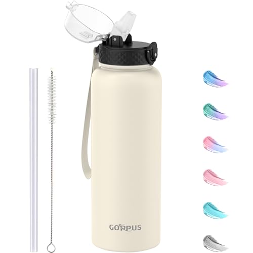 GOPPUS 1.2L/40oz Edelstahl Wasserflasche mit Strohhalm 1.2 Liter Heiße Thermosflasche Doppelwandige Stahl Wasserflaschen Isolierte Wasserflaschen Auslaufsichere Kalte Wasserflasche Erwachsene Flip Top von GOPPUS