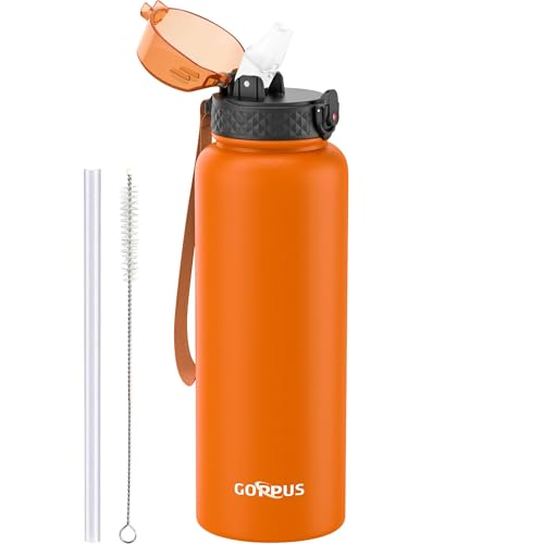 GOPPUS 1.2L/40oz Edelstahl Wasserflasche mit Strohhalm 1.2 Liter Heiße Thermosflasche Doppelwandige Stahl Wasserflaschen Isolierte Wasserflaschen Auslaufsichere Kalte Wasserflasche Erwachsene Flip Top von GOPPUS