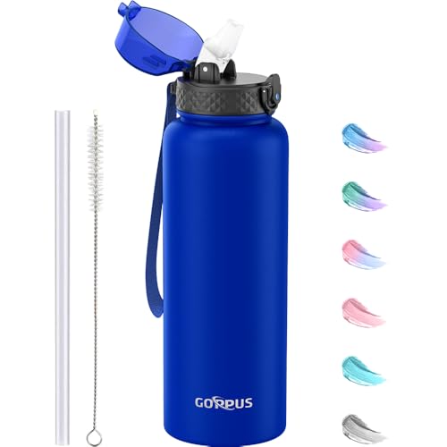 GOPPUS 1.2L/40oz Edelstahl Wasserflasche mit Strohhalm 1.2 Liter Heiße Thermosflasche Doppelwandige Stahl Wasserflaschen Isolierte Wasserflaschen Auslaufsichere Kalte Wasserflasche Erwachsene Flip Top von GOPPUS