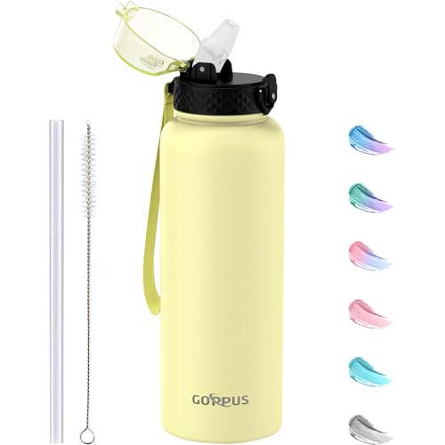 GOPPUS 1.2L/40oz Edelstahl Wasserflasche mit Strohhalm 1.2 Liter Heiße Thermosflasche Doppelwandige Stahl Wasserflaschen Isolierte Wasserflaschen Auslaufsichere Kalte Wasserflasche Erwachsene Flip Top von GOPPUS
