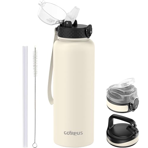 GOPPUS 1.2L/40oz Edelstahl Wasserflasche mit Strohhalm 1.2 Liter Heiße Thermosflasche Doppelwandige Stahl Wasserflaschen Isolierte Wasserflaschen Auslaufsichere Kalte Wasserflasche Erwachsene Flip Top von GOPPUS