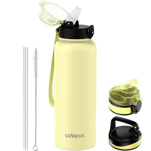 GOPPUS 1.2L/40oz Edelstahl Wasserflasche mit Strohhalm 1.2 Liter Heiße Thermosflasche Doppelwandige Stahl Wasserflaschen Isolierte Wasserflaschen Auslaufsichere Kalte Wasserflasche Erwachsene Flip Top von GOPPUS