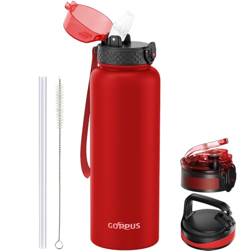 GOPPUS 1.2L/40oz Edelstahl Wasserflasche mit Strohhalm 1.2 Liter Heiße Thermosflasche Doppelwandige Stahl Wasserflaschen Isolierte Wasserflaschen Auslaufsichere Kalte Wasserflasche Erwachsene Flip Top von GOPPUS