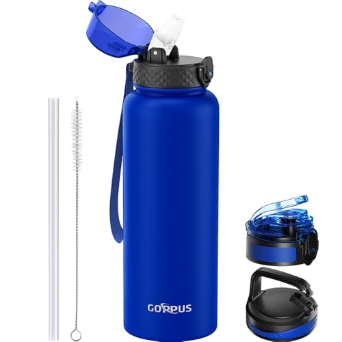 GOPPUS 1.2L/40oz Edelstahl Wasserflasche mit Strohhalm 1.2 Liter Heiße Thermosflasche Doppelwandige Stahl Wasserflaschen Isolierte Wasserflaschen Auslaufsichere Kalte Wasserflasche Erwachsene Flip Top von GOPPUS