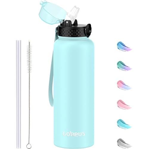 GOPPUS 1.2L/40oz Edelstahl Wasserflasche mit Strohhalm 1.2 Liter Heiße Thermosflasche Doppelwandige Stahl Wasserflaschen Isolierte Wasserflaschen Auslaufsichere Kalte Wasserflasche Erwachsene Flip Top von GOPPUS