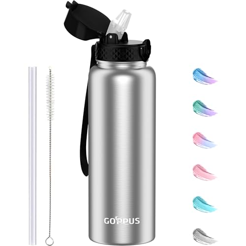 GOPPUS 1.2L/40oz Edelstahl Wasserflasche mit Strohhalm 1.2 Liter Heiße Thermosflasche Doppelwandige Stahl Wasserflaschen Isolierte Wasserflaschen Auslaufsichere Kalte Wasserflasche Erwachsene Flip Top von GOPPUS