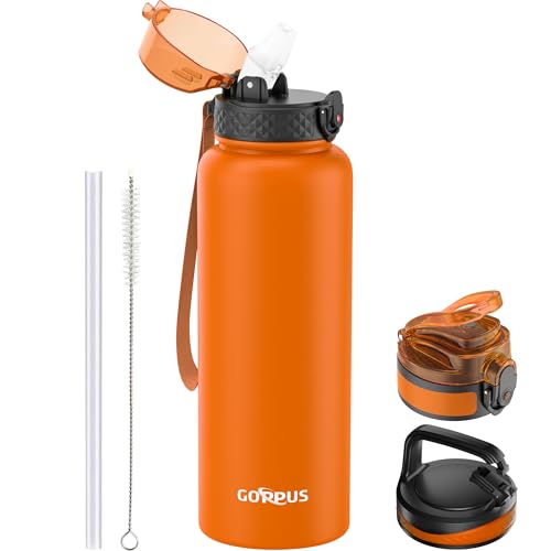 GOPPUS 1.2L/40oz Edelstahl Wasserflasche mit Strohhalm - Heiße Thermosflasche, Doppelwandig, Auslaufsicher, Flip-Top-LID - Erwachsene von GOPPUS