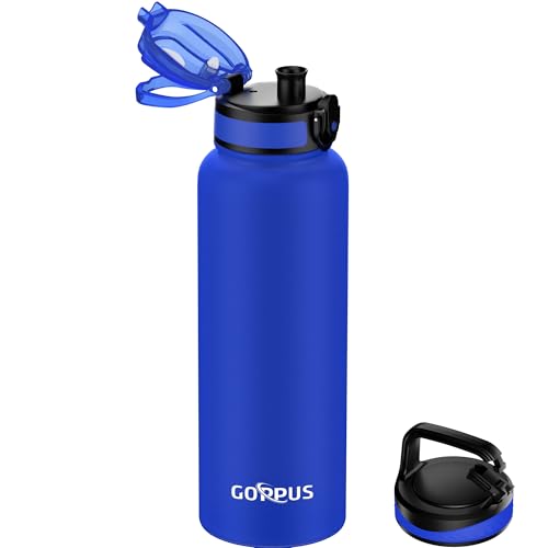 GOPPUS 1.2L/40ozTrinkflasche Edelstahl mit Strohhalm Infuser 2 Deckel BPA-frei Auslaufsicher Kohlensäure geeignet Wasserflasche Fahrrad Thermosflasche Isoliert Isolierflasche Sport Wasser Flasche Tee von GOPPUS