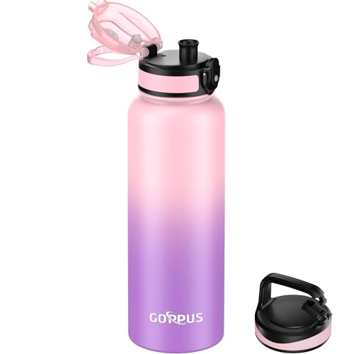 GOPPUS 1.2L/40ozTrinkflasche Edelstahl mit Strohhalm Infuser 2 Deckel BPA-frei Auslaufsicher Kohlensäure geeignet Wasserflasche Fahrrad Thermosflasche Isoliert Isolierflasche Sport Wasser Flasche Tee von GOPPUS