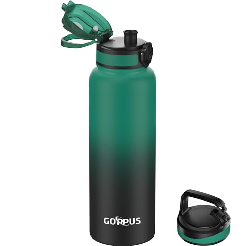GOPPUS 1.2L/40ozTrinkflasche Edelstahl mit Strohhalm Infuser 2 Deckel BPA-frei Auslaufsicher Kohlensäure geeignet Wasserflasche Fahrrad Thermosflasche Isoliert Isolierflasche Sport Wasser Flasche Tee von GOPPUS