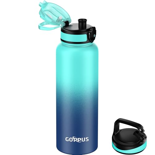 GOPPUS 1.2L/40ozTrinkflasche Edelstahl mit Strohhalm Infuser 2 Deckel BPA-frei Auslaufsicher Kohlensäure geeignet Wasserflasche Fahrrad Thermosflasche Isoliert Isolierflasche Sport Wasser Flasche Tee von GOPPUS
