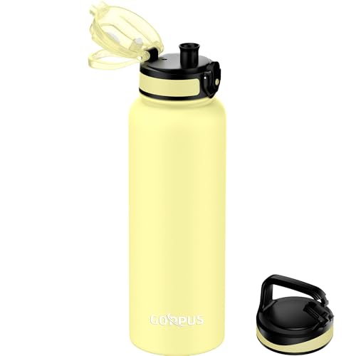 GOPPUS 1.2L/40ozTrinkflasche Edelstahl mit Strohhalm Infuser 2 Deckel BPA-frei Auslaufsicher Kohlensäure geeignet Wasserflasche Fahrrad Thermosflasche Isoliert Isolierflasche Sport Wasser Flasche Tee von GOPPUS