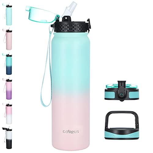 GOPPUS 1L/32oz Thermosflasche mit Strohhalm Doppelschicht Edelstahl Trinkflasche 1 Liter Isolierflasche Auslaufsicher Sport Wasserflasche Kohlensäure Water Bottle Trinkflaschen BPA-frei Wasser Flasche von GOPPUS