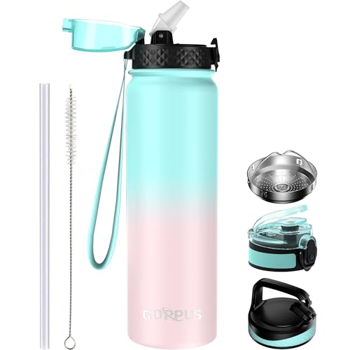 GOPPUS 1L/32oz Thermosflasche mit Strohhalm Doppelschicht Edelstahl Trinkflasche 1 Liter Isolierflasche Auslaufsicher Sport Wasserflasche Kohlensäure Water Bottle Trinkflaschen BPA-frei Wasser Flasche von GOPPUS