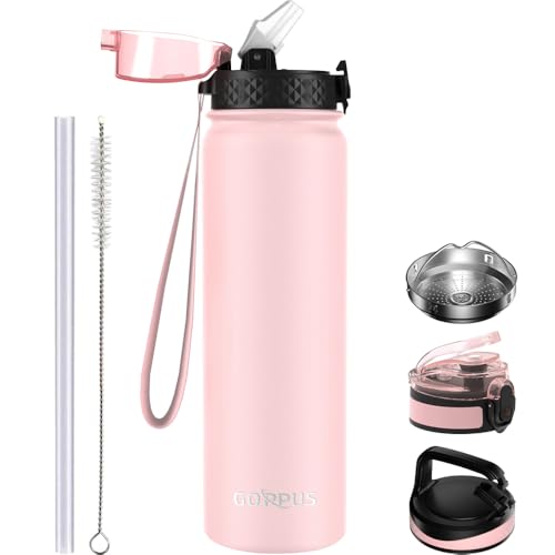 GOPPUS 1L/32oz Thermosflasche mit Strohhalm Doppelschicht Edelstahl Trinkflasche 1 Liter Isolierflasche Auslaufsicher Sport Wasserflasche Kohlensäure Water Bottle Trinkflaschen BPA-frei Wasser Flasche von GOPPUS