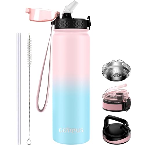 GOPPUS 1L/32oz Thermosflasche mit Strohhalm Doppelschicht Edelstahl Trinkflasche 1 Liter Isolierflasche Auslaufsicher Sport Wasserflasche Kohlensäure Water Bottle Trinkflaschen BPA-frei Wasser Flasche von GOPPUS