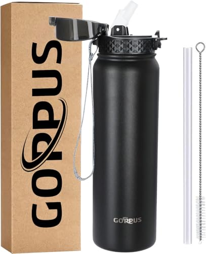 GOPPUS 1L/32oz Thermosflasche mit Strohhalm Doppelschicht Edelstahl Trinkflasche 1 Liter Isolierflasche Auslaufsicher Sport Wasserflasche Kohlensäure Water Bottle Trinkflaschen BPA-frei Wasser Flasche von GOPPUS