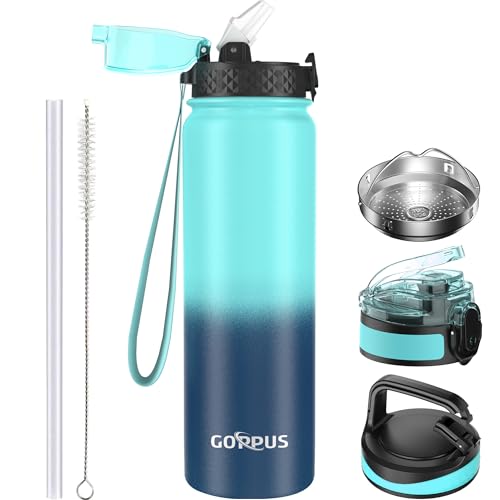 GOPPUS 1L/32oz Thermosflasche mit Strohhalm Doppelschicht Edelstahl Trinkflasche 1 Liter Isolierflasche Auslaufsicher Sport Wasserflasche Kohlensäure Water Bottle Trinkflaschen BPA-frei Wasser Flasche von GOPPUS