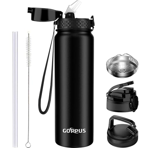 GOPPUS 1L/32oz Thermosflasche mit Strohhalm Doppelschicht Edelstahl Trinkflasche 1 Liter Isolierflasche Auslaufsicher Sport Wasserflasche Kohlensäure Water Bottle Trinkflaschen BPA-frei Wasser Flasche von GOPPUS
