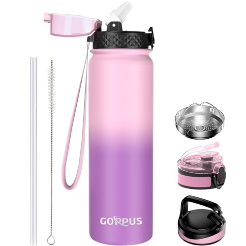 GOPPUS 1L/32oz Thermosflasche mit Strohhalm Doppelschicht Edelstahl Trinkflasche 1 Liter Isolierflasche Auslaufsicher Sport Wasserflasche Kohlensäure Water Bottle Trinkflaschen BPA-frei Wasser Flasche von GOPPUS