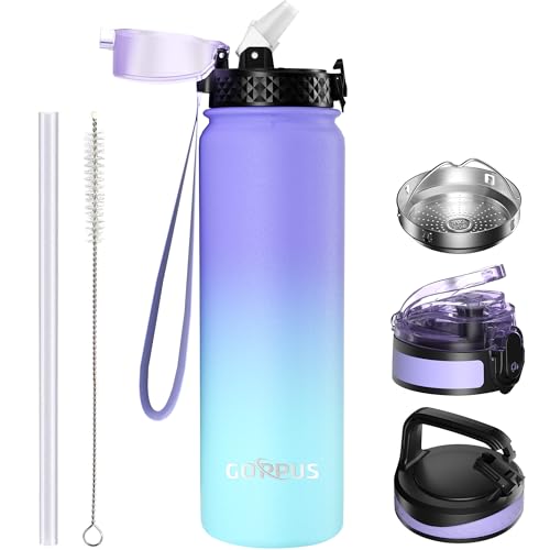 GOPPUS 1L/32oz Thermosflasche mit Strohhalm Doppelschicht Edelstahl Trinkflasche 1 Liter Isolierflasche Auslaufsicher Sport Wasserflasche Kohlensäure Water Bottle Trinkflaschen BPA-frei Wasser Flasche von GOPPUS