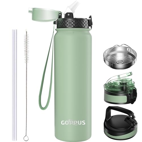 GOPPUS 1L/32oz Thermosflasche mit Strohhalm Doppelschicht Edelstahl Trinkflasche 1 Liter Isolierflasche Auslaufsicher Sport Wasserflasche Kohlensäure Water Bottle Trinkflaschen BPA-frei Wasser Flasche von GOPPUS
