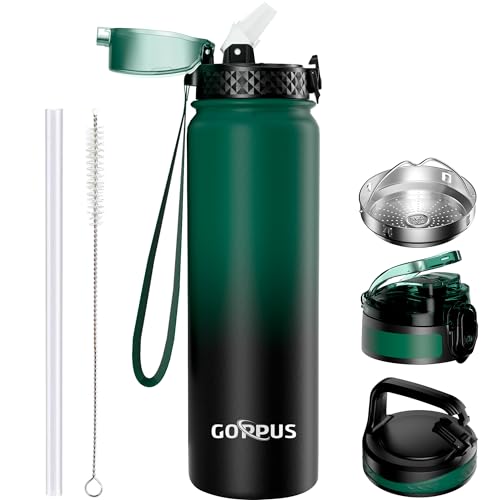 GOPPUS 1L/32oz Thermosflasche mit Strohhalm Doppelschicht Edelstahl Trinkflasche 1 Liter Isolierflasche Auslaufsicher Sport Wasserflasche Kohlensäure Water Bottle Trinkflaschen BPA-frei Wasser Flasche von GOPPUS