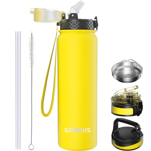 GOPPUS 1L/32oz Thermosflasche mit Strohhalm Doppelschicht Edelstahl Trinkflasche 1 Liter Isolierflasche Auslaufsicher Sport Wasserflasche Kohlensäure Water Bottle Trinkflaschen BPA-frei Wasser Flasche von GOPPUS