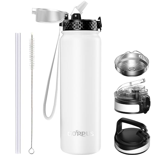 GOPPUS 1L/32oz Thermosflasche mit Strohhalm Doppelschicht Edelstahl Trinkflasche 1 Liter Isolierflasche Auslaufsicher Sport Wasserflasche Kohlensäure Water Bottle Trinkflaschen BPA-frei Wasser Flasche von GOPPUS