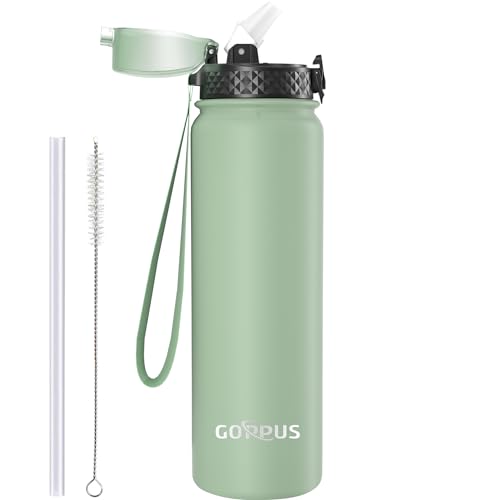 GOPPUS 1L/32oz Thermosflasche mit Strohhalm Doppelschicht Edelstahl Trinkflasche 1 Liter Isolierflasche Auslaufsicher Sport Wasserflasche Kohlensäure Water Bottle Trinkflaschen BPA-frei Wasser Flasche von GOPPUS