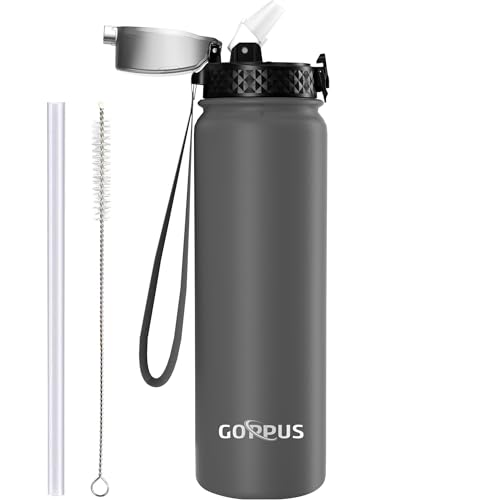 GOPPUS 1L/32oz Thermosflasche mit Strohhalm Doppelschicht Edelstahl Trinkflasche 1 Liter Isolierflasche Auslaufsicher Sport Wasserflasche Kohlensäure Water Bottle Trinkflaschen BPA-frei Wasser Flasche von GOPPUS